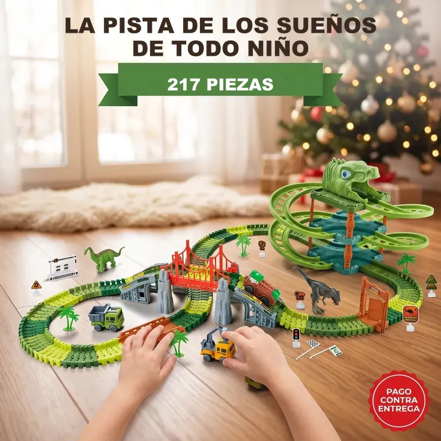 Mega Pista de Dinosaurios de 217 piezas con bucle de varios pisos, puente y dinosaurios