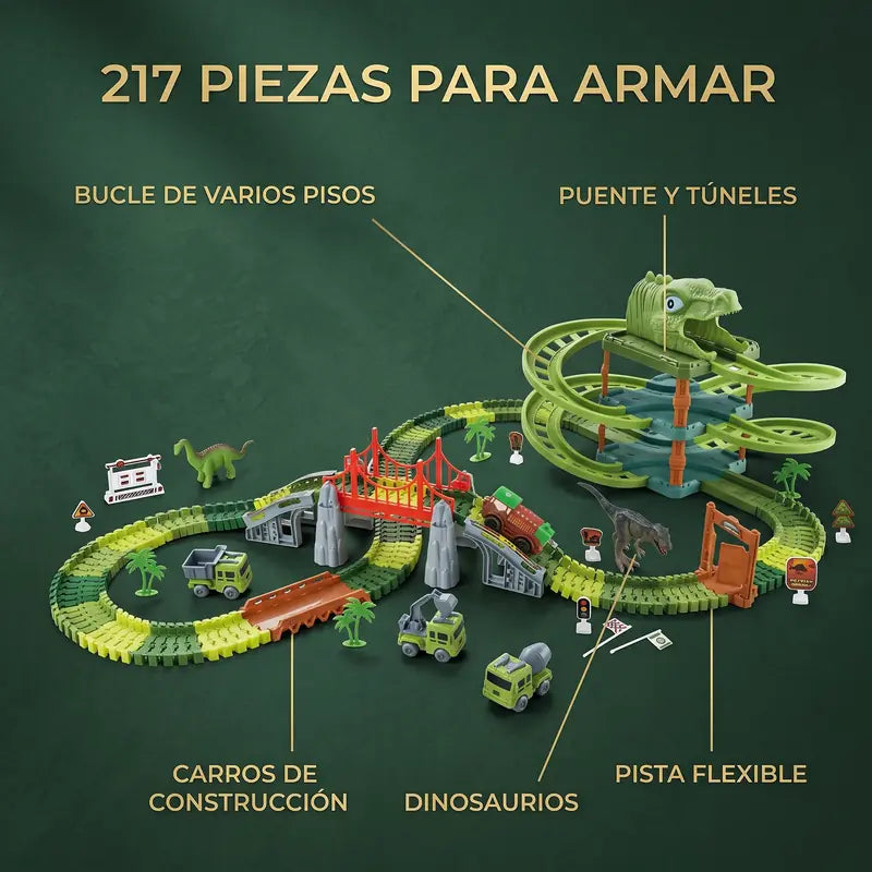 Qué incluye: bucle de varios pisos, puente y túneles, dinosaurios, carros de construcción y pista flexible