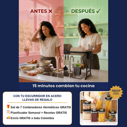 Escurridor en Acero + Set 7 Recipientes