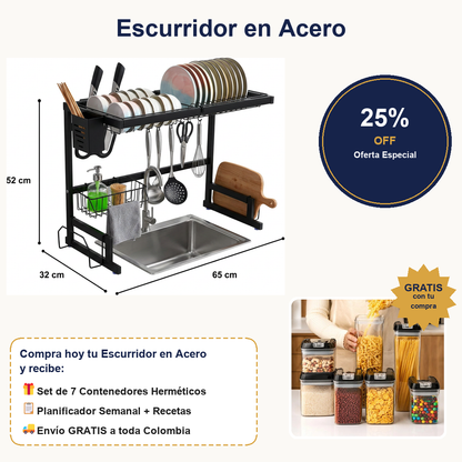Escurridor en Acero + Set 7 Recipientes