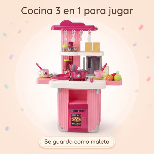 Cocina infantil 3 en 1 rosa armada