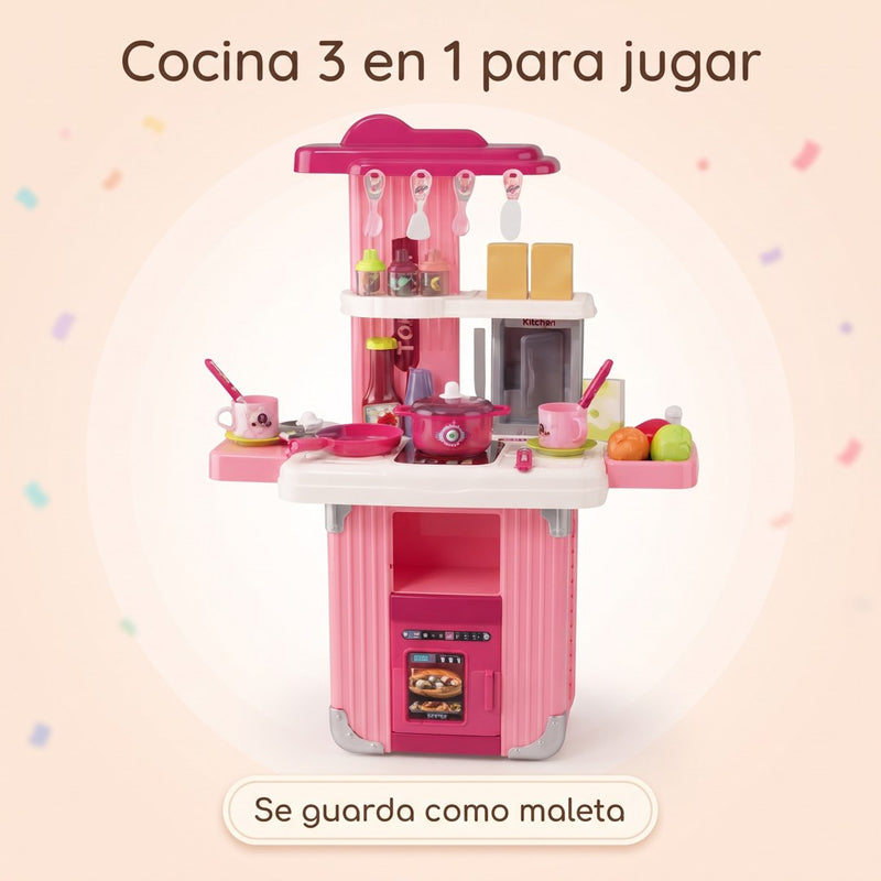 Cocina infantil 3 en 1 rosa armada