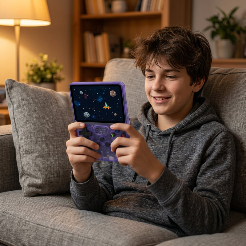 Joven jugando con la mini consola retro R36S