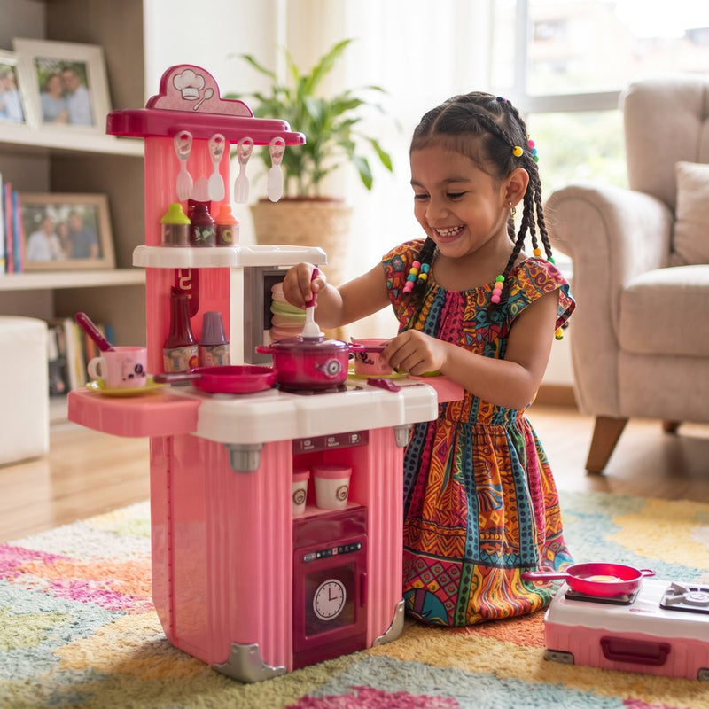 Niña jugando con la cocina infantil
