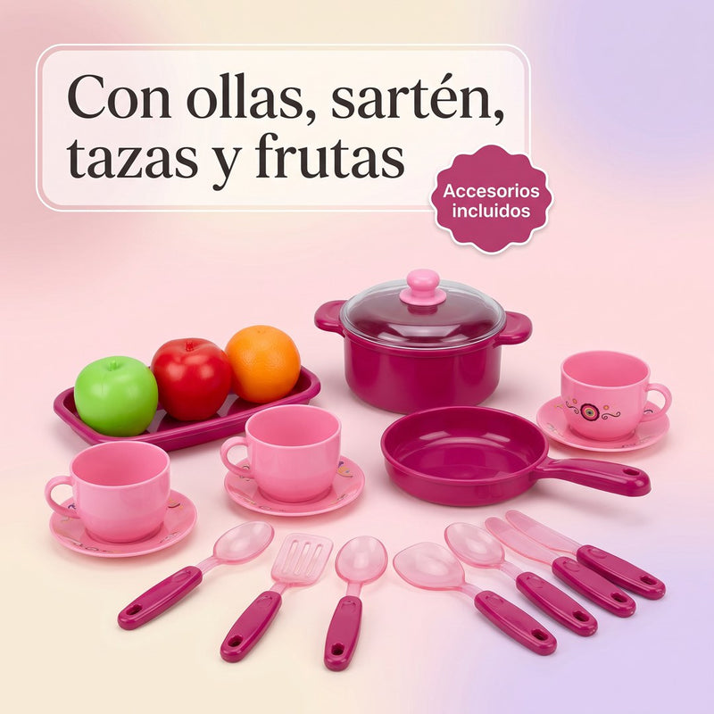 Ollas, sartén, tazas y frutas de juguete