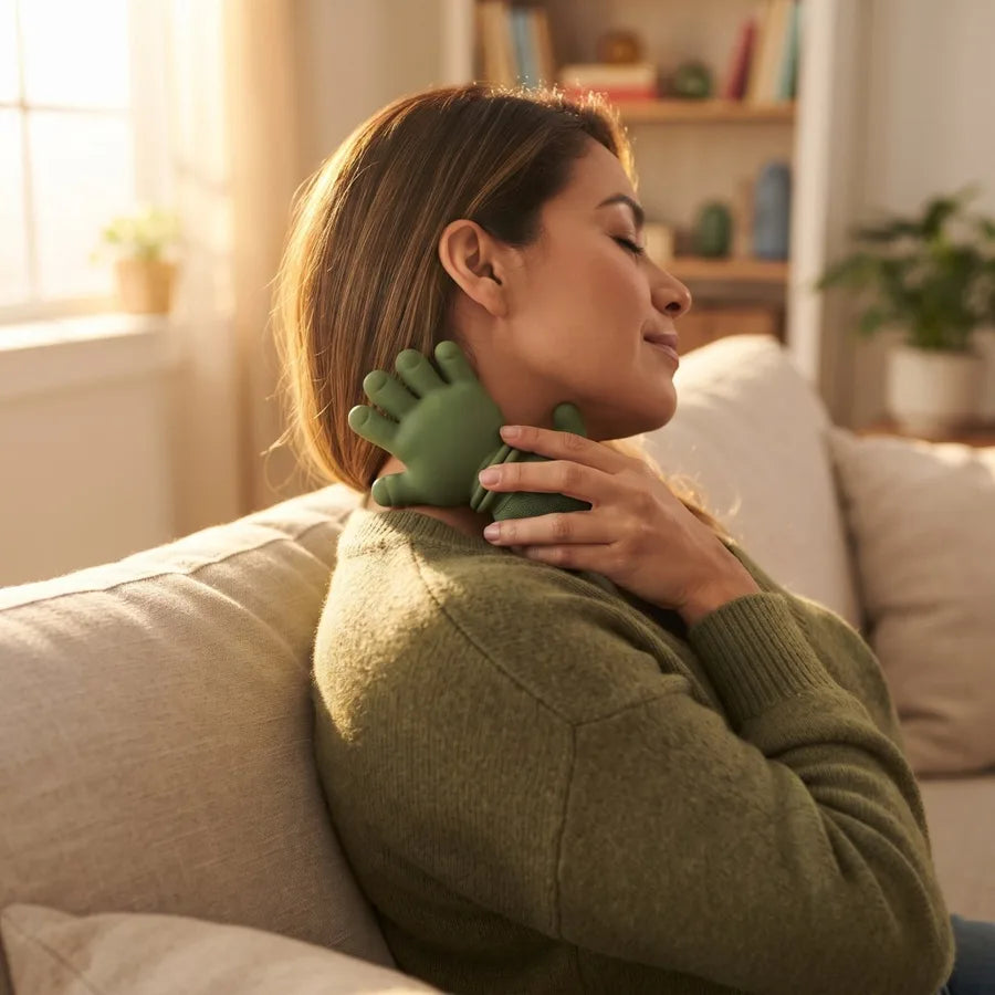 Mujer relajada usando el masajeador eléctrico con dedos