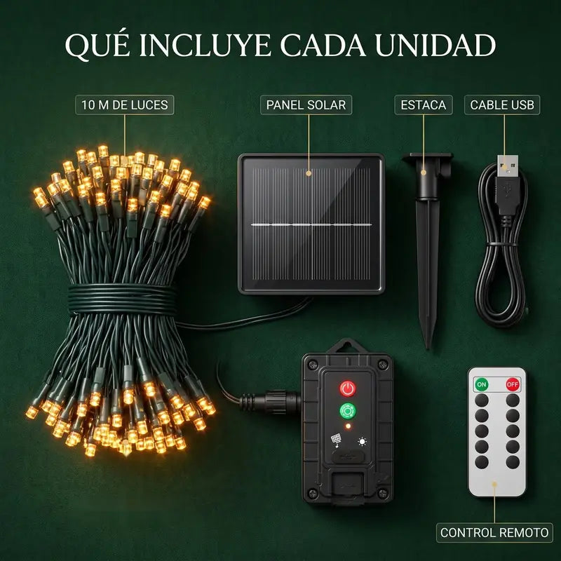 Qué incluye cada unidad: 10 m de luces, panel solar, estaca, cable USB, control remoto y caja de control