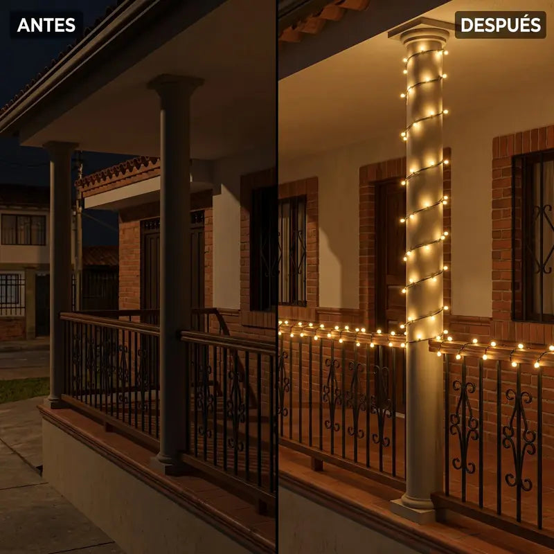 Antes y después: fachada apagada y fachada con luces solares encendidas